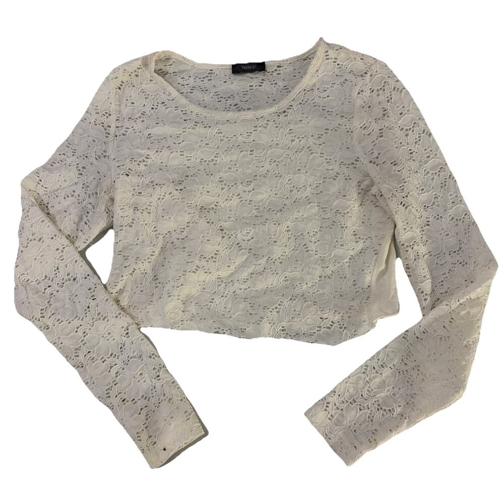 Yessica White Ivory Lace Top Medium Long Sleeve Crop Coquette